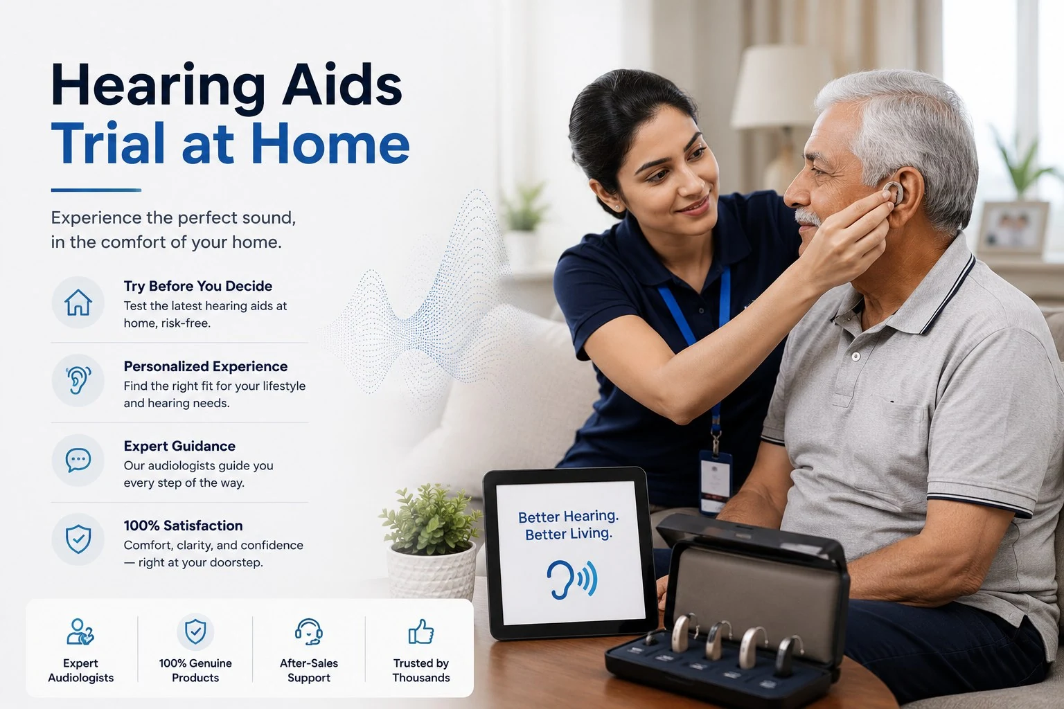Hearing Aid Trial at Home — audiologist fitting a hearing aid for a senior patient at home