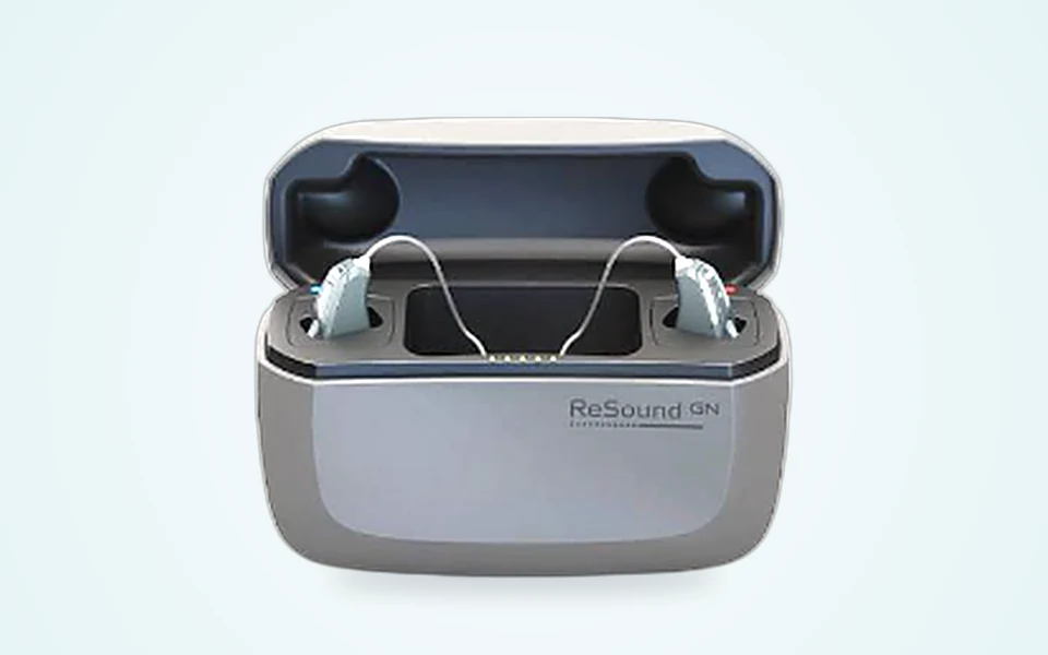ReSound LiNX Quattro RIC hearing aids in charging case